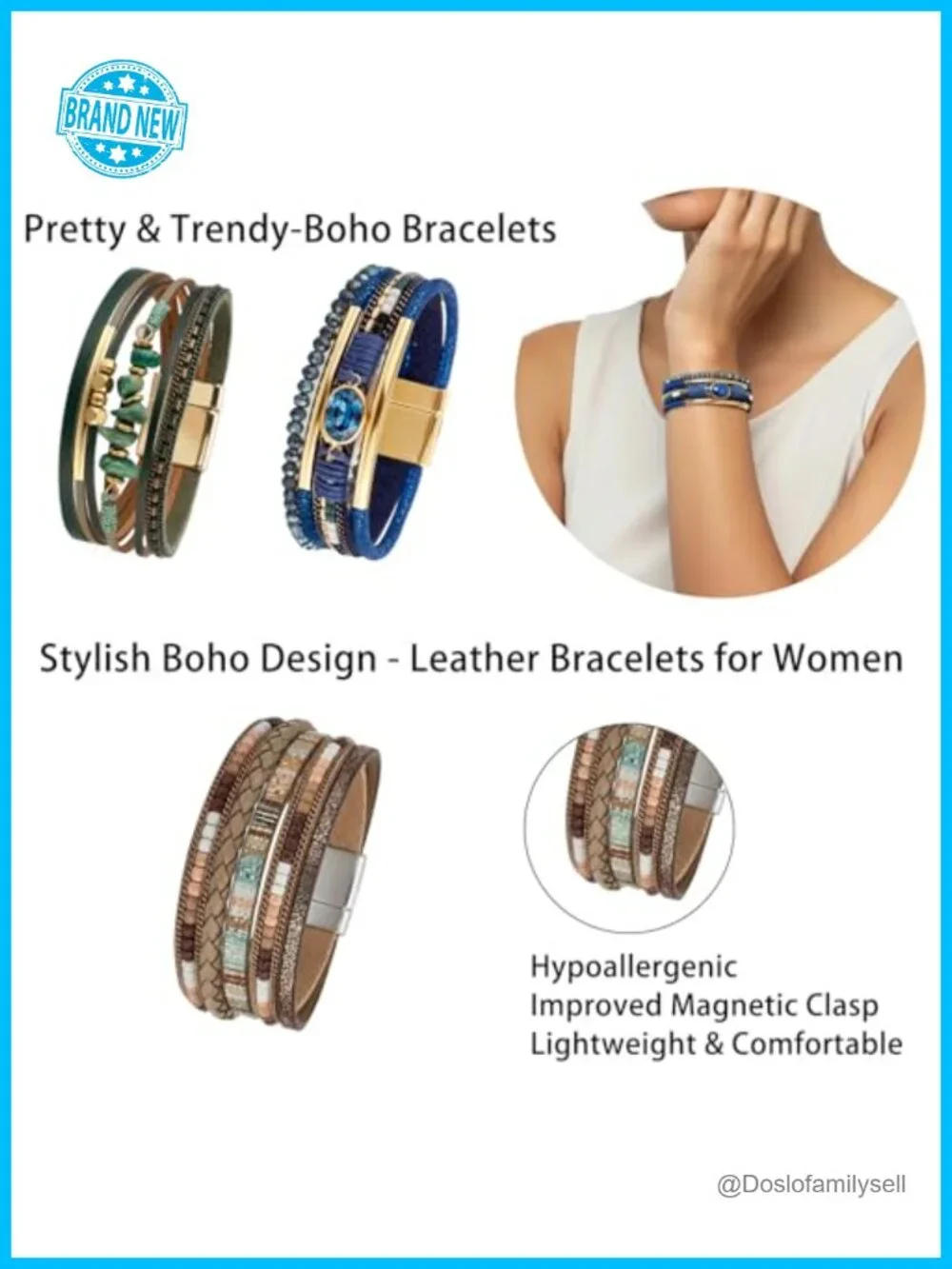 3pcs Leather Wrap Bracelets Boho Multi-Layer Crystal Beads Stone Cuff Bracelet